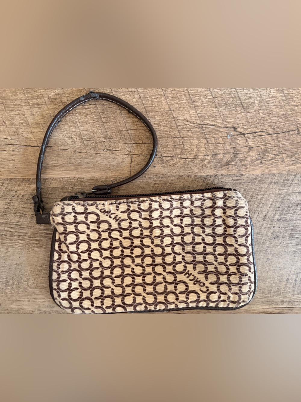 Coach Mini Signature C Canvas Wristlet Pouch Brown